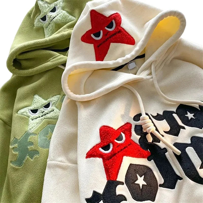 Advbridge American Retro Angry Star Graphic Embroidery High Quality Fleece Hoodie Women's Y2K New Harajuku Kawaii Couple Casual Joker Top