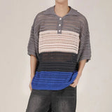 Advbridge Men Luxury Knit Polo Shirt Breathable Casual Hollow Out T Shirt Fashion Turn-down Rainbow Striped Short Sleeve Fishnet Tops Tees