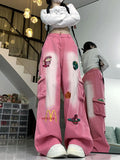 ADVBRIDGE  -  Embroidered Kawaii Cartoon Denim Pants Big Pockets Wide Leg Cargo Pants Harajuk Trousers Baggy Jeans Women High Street Y2k Pants