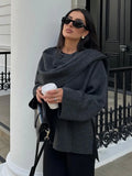 Advbridge Autumn Short Gray Knitted Cape Coat with Scarf Women Fashion Long Sleeve Loose Cardigan Female Winter Elegant Chic Streetwear