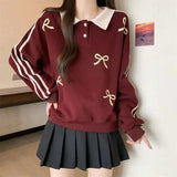 Advbridge Oversized Preppy Style Polo-Neck Sweatshirts Female Spring Autumn New Striped Bow Top Tee Coat Women's Casual Patchwork T-Shirts