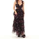 ADVBRIDGE  -  Women Summer Floral Print Ruched Bust Sleeveless V-Neck Ruffle Layered Lace-up Backless Flowy A-Line Long Cake Dress