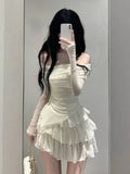 Advbridge Two Pieces Set Slash Neck Solid Pleated Slim Irregular Women T-shirt + Y2k Aesthetic Fashion Chic Sweet Layered Ball Gown Skirts