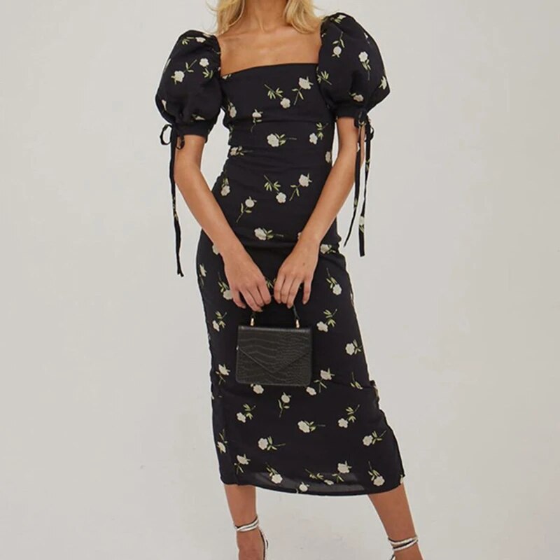 Advbridge Lady Casual Puff Short Sleeve Party Dress Elegant Split Bodycon Long Dress Women Polka Dot Square Collar French Style Dresses