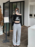 Advbridge  Women's Fake Two-piece Design Hollow Out Casual Pants Fashion Girls Temperament Female High Waisted Straight Thin Trousers