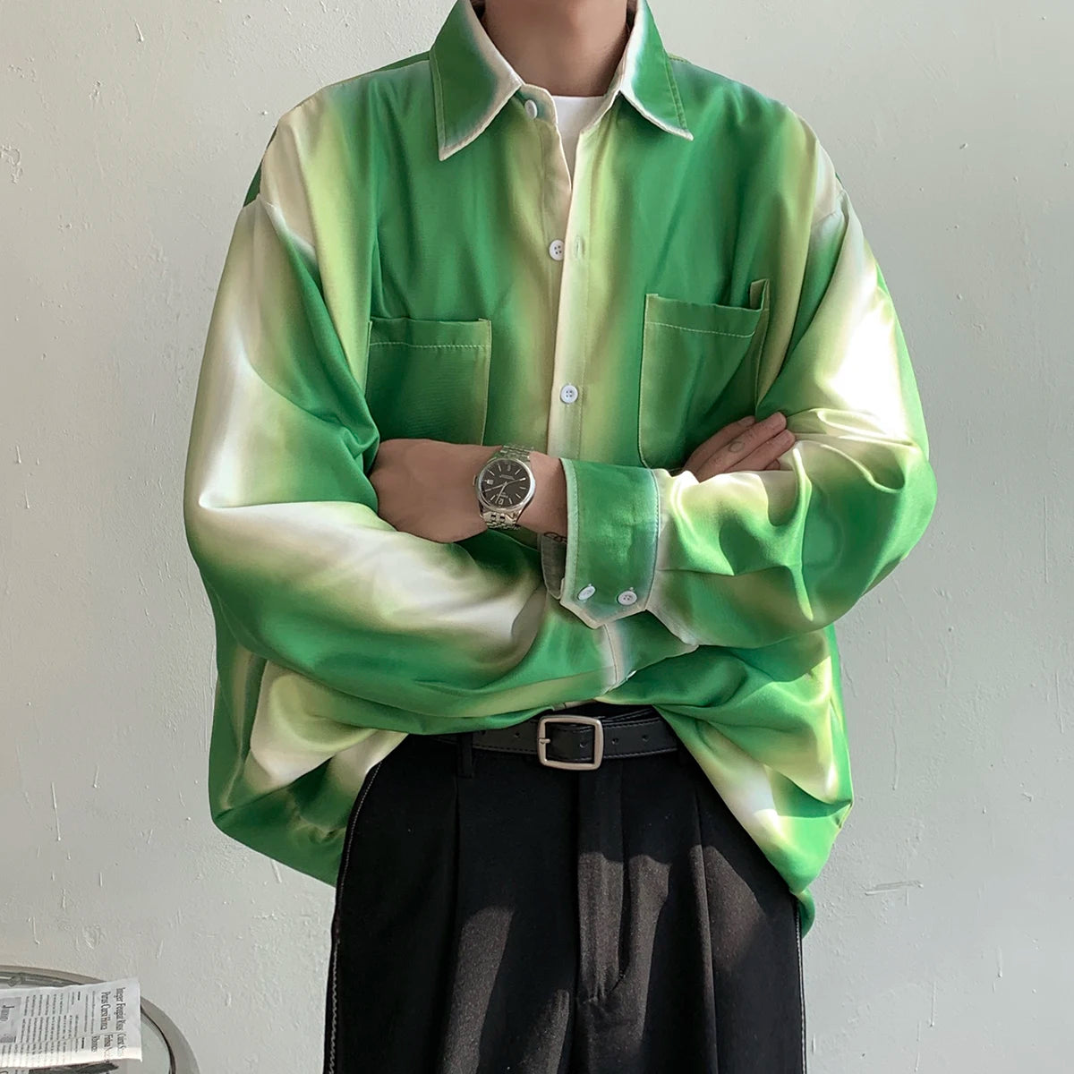 Advbridge Men's Gradient Green Long Sleeve Shirts Korean Loose Fashion Casual Shirt Oversize Shirt Front Pockets High Quality Clothing