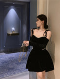 ADVBRIDGE  -  French Retro Black Velvet Dress Women Autumn Beaded V-neck Sexy Off Shoulder Bow Strap Elegant Party Vestidos Fashion Mini Dress
