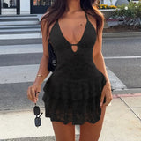ADVBRIDGE  -  Women's Halter Deep V-neck Hollow Lace See-through High Waisted Strappy Ruched Mini Solid Tank Dress Vacation Club Summer Outfit