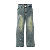 Advbridge Splash Ink Graffiti Washed Distressed Mens Retro High Street Loose Straight Wide Leg Dirty Wash Jeans Men
