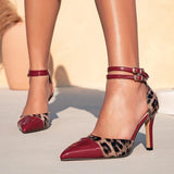 ADVBRIDGE  -  Fashion Leather Leopard Patchwork Heeled Sandals Women Luxury Red Pointed Toe Ankle Strap Cover Heel Sandals Elegant High Heels