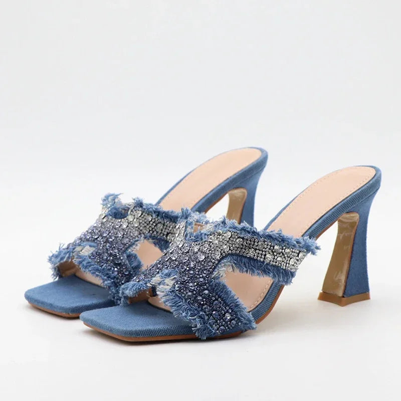 ADVBRIDGE  -  Luxury Design Crystal Rhinestone Women Slippers Sandal Blue Denim Summer 8CM Slides High Heels Sexy Square Toe Party Dress Shoes