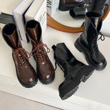 Advbridge Winter Women Platform Motorcycle Ankle Boots Fashion Lace Up Thick Heel Shoes Ladies Elegant Mid Calf Boots
