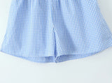ADVBRIDGE  -  Blue Plaid Shorts 2 Piece Set V Neck Puff Sleeveless Lace-up Crop Blouse+Shorts Simple Casual Fashion Summer Suits For Women New