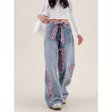 Advbridge American women retro bow tie tied jeans with grid splicing Harajuku Y2k loose casual slimming wide leg pants jeans woman