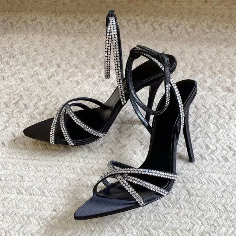 ADVBRIDGE  -  Sexy Pointed Toe High Heels Women Luxury Rhinestone Satin Design Cross-Strap Heeled Sandals Summer Elegant Banquet Dress Shoes