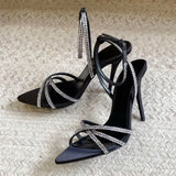 ADVBRIDGE  -  Sexy Pointed Toe High Heels Women Luxury Rhinestone Satin Design Cross-Strap Heeled Sandals Summer Elegant Banquet Dress Shoes