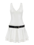 ADVBRIDGE  -  Solid Backless Women's Bodycon Mini Dress with Belt Street Party Club Sexy V-Neck Pleated Dress Summer Holiday Outfit
