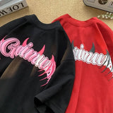 Advbridge Y2k Top high street demon T shirt Summer Harajuku Pink Cotton Loose Style Printed American Couples Round Neck Couple Gothic tops