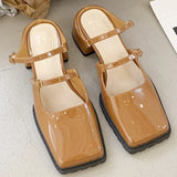 ADVBRIDGE  -  Retro Square Toe Belt Buckle Women Sandals Fashion Narrow Strap Square Heel Mary Jane Shoes Comfort Patent Leather Designer Shoe
