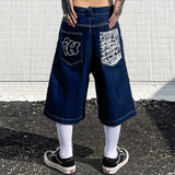 Advbridge Hip Hop Pockets Embroidery Letter Print Jeans Shorts for Men Summer Retro Oversized Wide Leg Denim Knee Lenght Pants