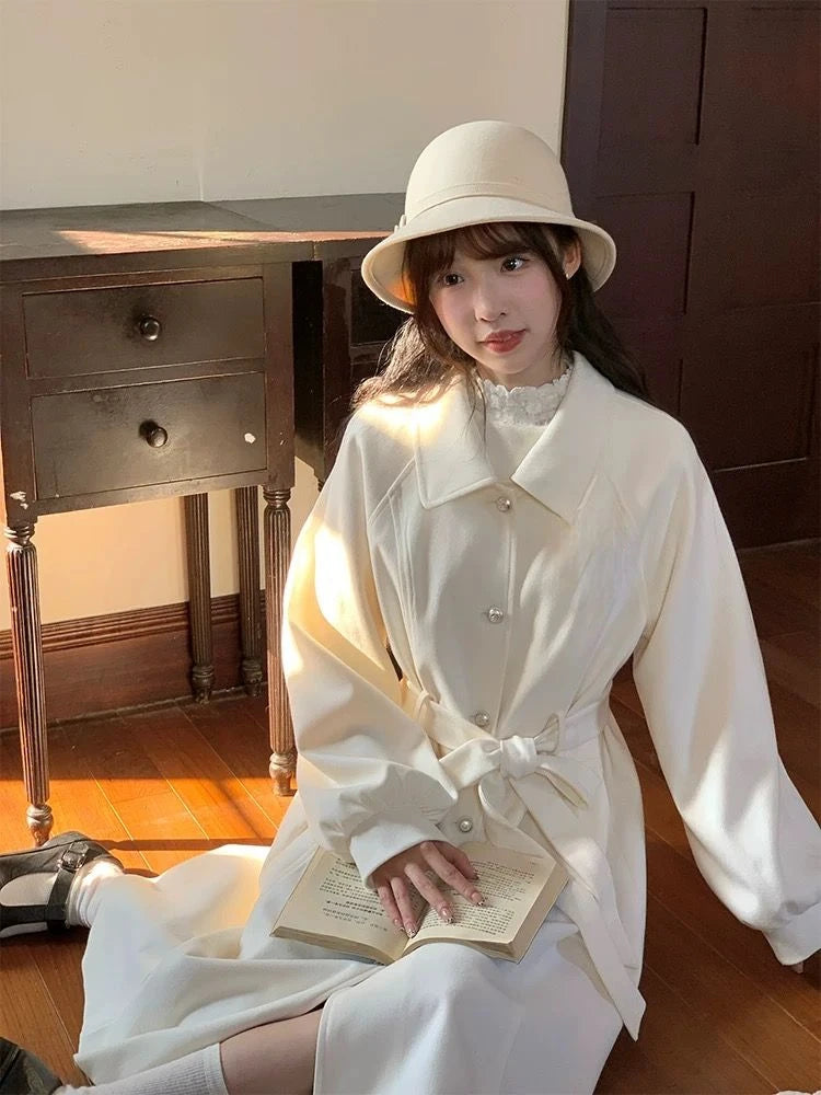 Advbridge Sweet Bow Overcoats Dress Women Long Sleeve Japanese Kawaii Slim Cape Dress Coats Korean Fashion Elegant Vintage Cloak Winter