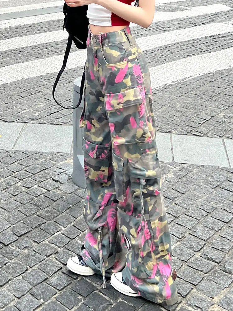 Advbridge American New Retro Pink Camouflage Multi-pocket Tooling Jeans Female Y2K Gothic Harajuku Hip Hop High Waist Slim Wide Leg Pants