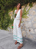 Advbridge 2 Pcs Pants Women Set Outfits Autumn Linen Cotton Printed Boho Vest+pants Wide Leg Long Pants Set Pockets Vintage Set