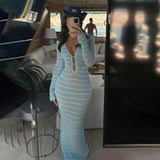 ADVBRIDGE  -  Sexy Women Solid Long Knit Sleeve Bikin Fashion Cover up Female See-Through Deep V-Neck Hollow-Out Beach Knitwear Maxi Dress