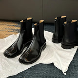 Advbridge British Style Ankle Boots for Women Split Toe Stretch Solid Color Mid Heel Patent Leather Matte Round Toe Female Shoes