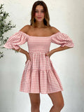 Advbridge  Square Collar Gingham Printed Women Casual Summer Short Dress Puff Sleeve A-line Pink Cute Fashion Outfit Vestidos