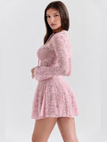 Advbridge Lace Flare Long Sleeve Sexy Mini Dress For Women Robe Autumn New Pink O Neck A-line High Waist Pleated Dress Elegant