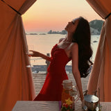 ADVBRIDGE  -  Elegant Red Ruffles Party Dress Women Sexy Spaghetti Strap Backless Slim Vacation Dresses A-Line Casual Vestidos Long Robe N585