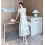 ADVBRIDGE  -  New Chinese Style Retro Dresses for Women Temperament Elegant Robe Summer Printed V-neck Nail Bead Chic Dress