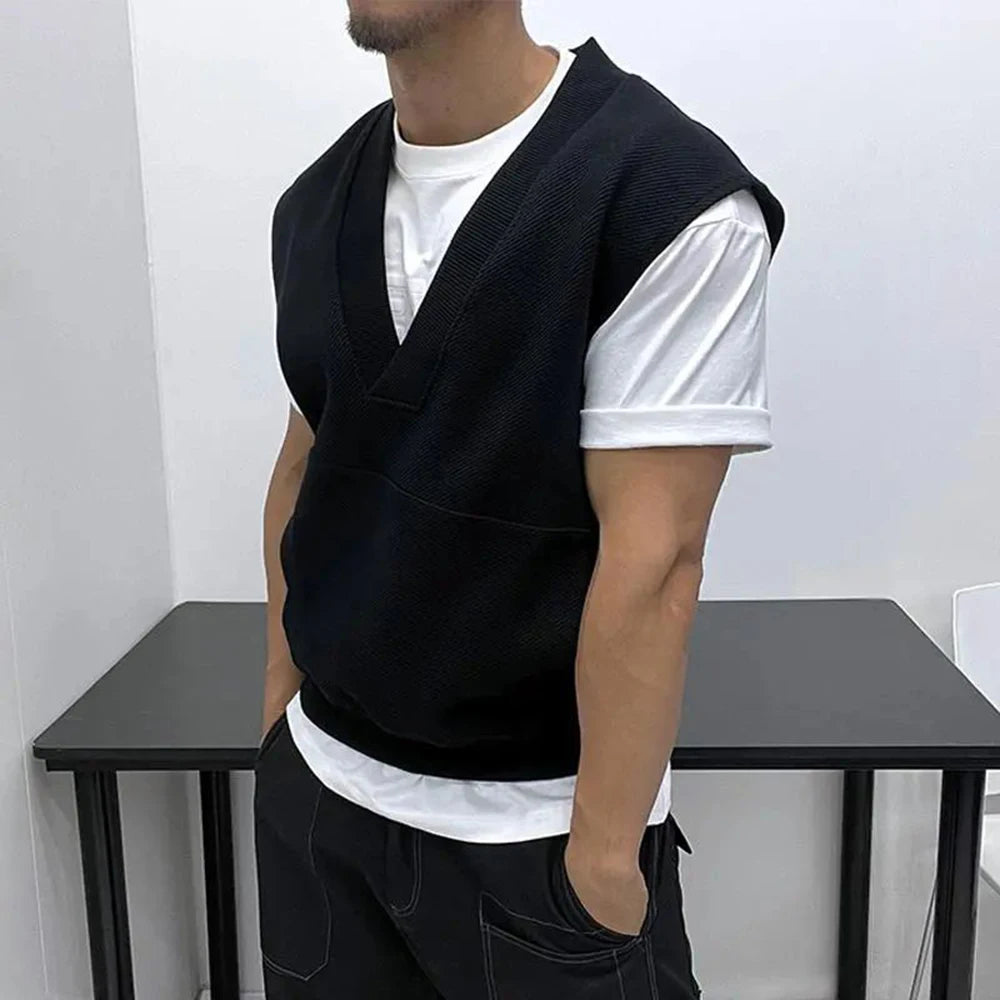 Advbridge Mens Sleeveless Knitted Vest Genderless Youth Trendy Personalized Fashion Simple Loose Solid Color Fitness V-Neck Vest Unisex