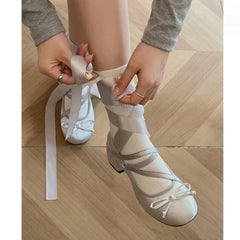 Advbridge -  Chunky Heels Lolita Pumps Shoes Hot Brand Spring Summer French Style Elegance Women Pumps Lace Up Ballet Style Single Shoes