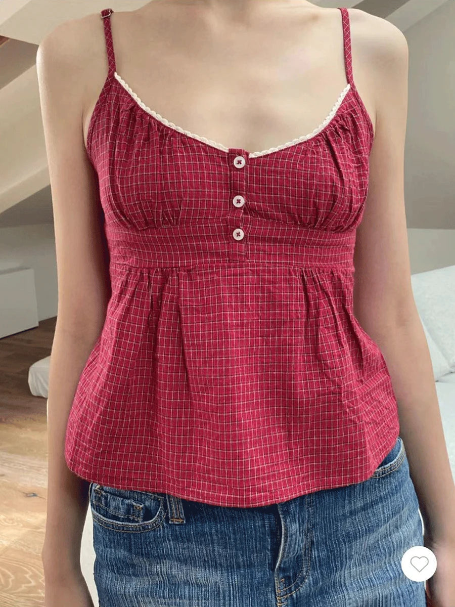 Advbridge New Red Plaid Buttons Slim Tank Top Women Lace Trim V-neck Back Lace-up Cotton Camis Summer Vintage Sweet Sleeveless Vests Y2k