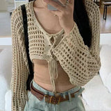 Advbridge 1Pcs Summer Fashion Lace-up V-neck Long Sleeve Hollow Knitted Cardigan Women's Crop Top