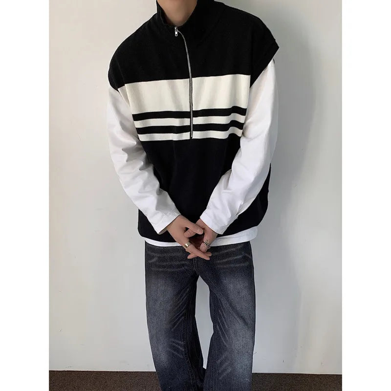 Advbridge Zipper Sweater Vest Men Warm Fashion Casual Knit Pullover Men Oversized Korean Loose Sleeveless Sweater Mens Jumper Clothes