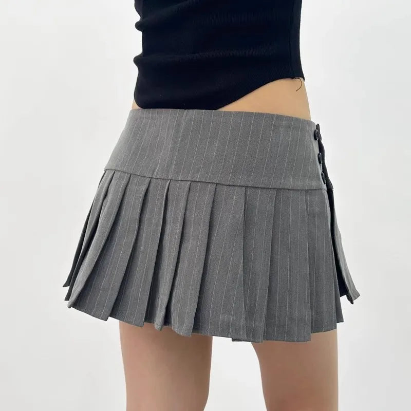 Advbridge Vintage Y2k Striped Pleated Skirt Women Sexy Preppy Style Low Waist Button Slim A-line Micro Mini Skirt Streetwear