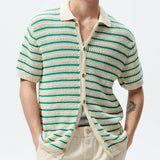 Advbridge Summer Clothing Men's Light Luxury Knitted Polo Shirt Casual Vintage Button-down Striped Short Sleeve Fashion Leisure Knitwear