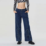 Advbridge Loose Embroidery Baggy Jeans Women Vintage Lace Up Hip Pop Wide Leg Pants Female 2025 Spring Autumn New Fashion Lady Denim Pants