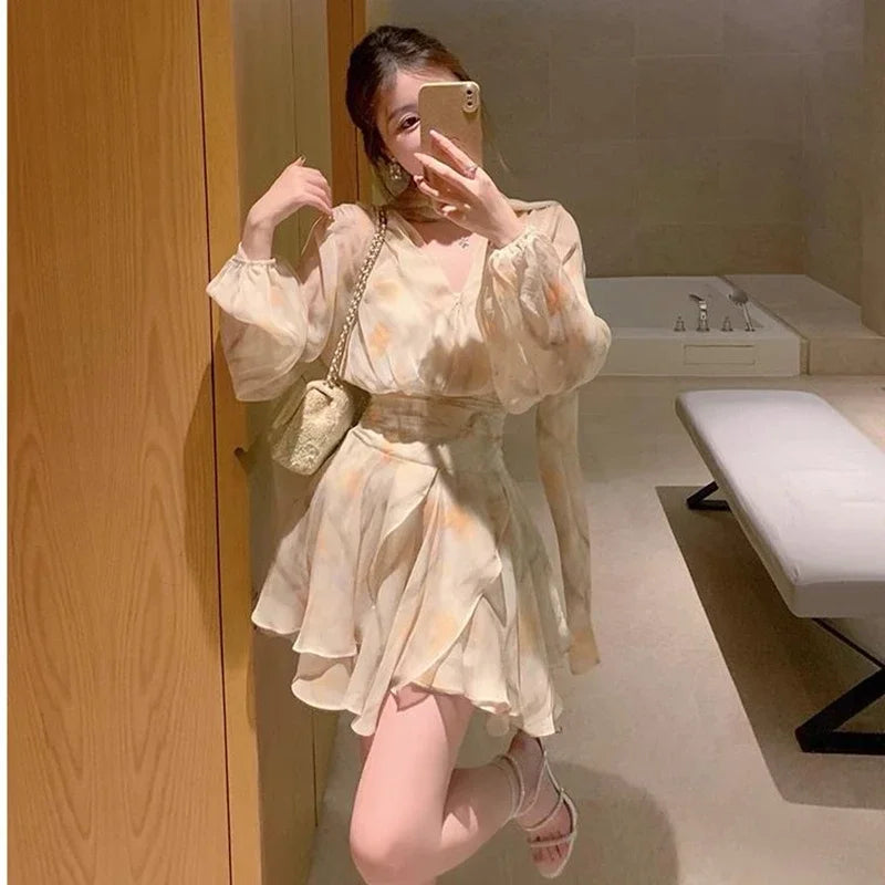 Advbridge 2024 New Holiday Dress Women Summer Long Sleeve V-Neck Bubble Sleeve Chiffon Beach Printed Dress Irregular Fairy Dress Boho