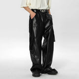 Advbridge Mens American Y2k Multi-Pocket Leather Overalls New Essential Youth Loose Casual Street Solid Color Punk Leather Pants For Men