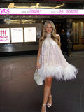 Advbridge Elegant White Sequins Feather Hem Mini Dress Women Sexy Off Shoulder Loose Halter Dresses 2024 New Shiny Female Party Vestidos