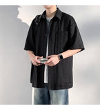 ADVBRIDGE  -  Men's Vertical Stripe Lapel Textured Loose-Fit Short Sleeve Shirt Casual Breathable Top Comfortable Wear, Trendy Summer Style