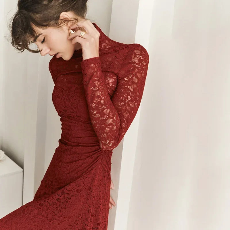 Advbridge Elegant Red Lace Maxi Dresses for Women Spring Turtleneck Long Sleeve Slim Evening Party Dress Fashion Two Piece Sets 2025