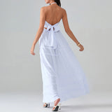 ADVBRIDGE  -  Women's Halter Beach Long Dress Elegant Ruffles Drawstring Flowy Party Dresses Summer Low Cut Tie Back A-Line Vestidos