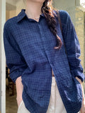 Advbridge Retro French Casual Slim Women Shirt Street Loose Fashion Plaid Woman Shirt Blue Chicly Simple Basic Long-Sleeved Shirt Female