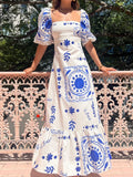 ADVBRIDGE  -  Summer Floral Print A-line Puffles Maxi Dress Women Puff Sleeve Square Collar Elegant Dress Female Holiday Party Dress Vestidos