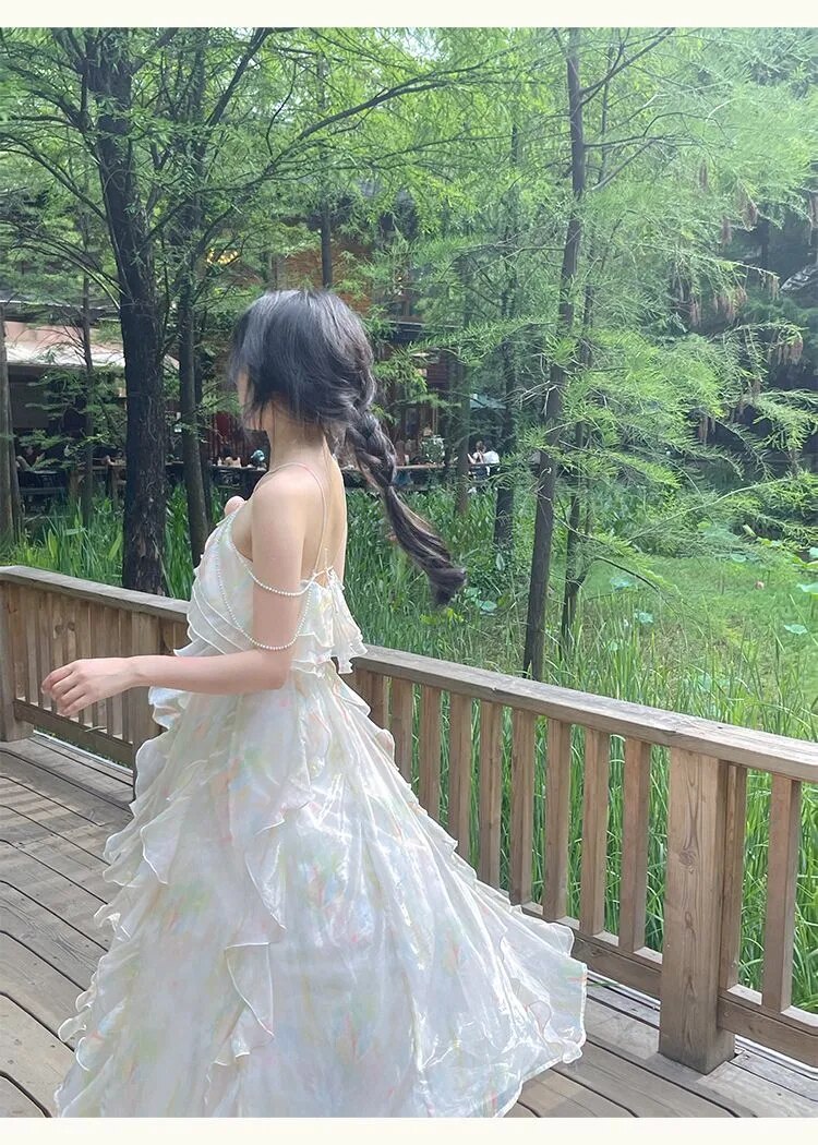 Advbridge France Vintage Sweet Tie-dyed Fairy Dress Summer Women Elegant Chic Ruffles Princess Dresses Female Casual Beach Vestidos